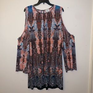 Eci Multi color flowy dress w/ long shoulder cuts.